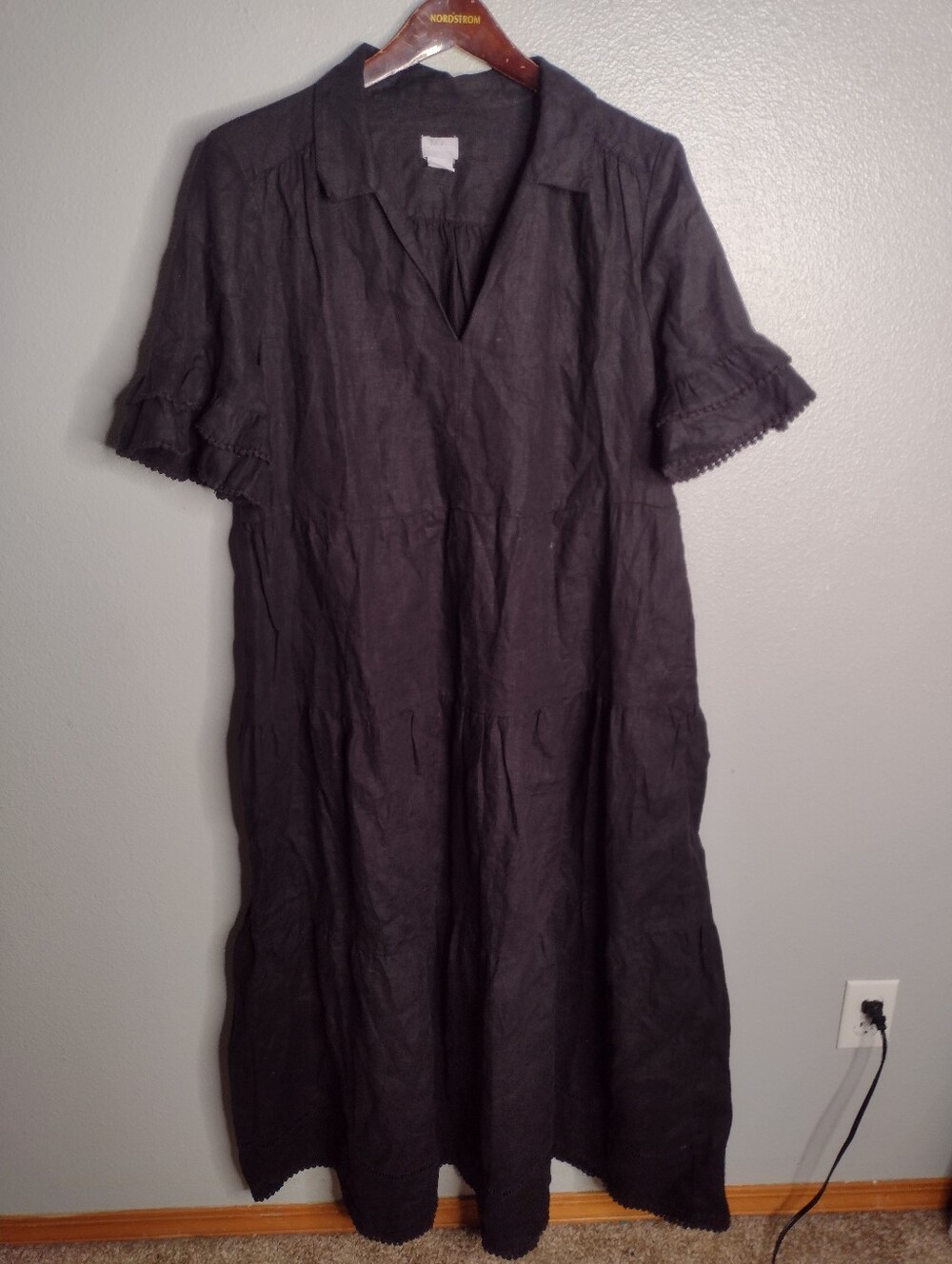 Chico's Tiered Ruffle Sleeve Maxi Dress 100% Linen Size 2 12/14 Black Boho QQ
